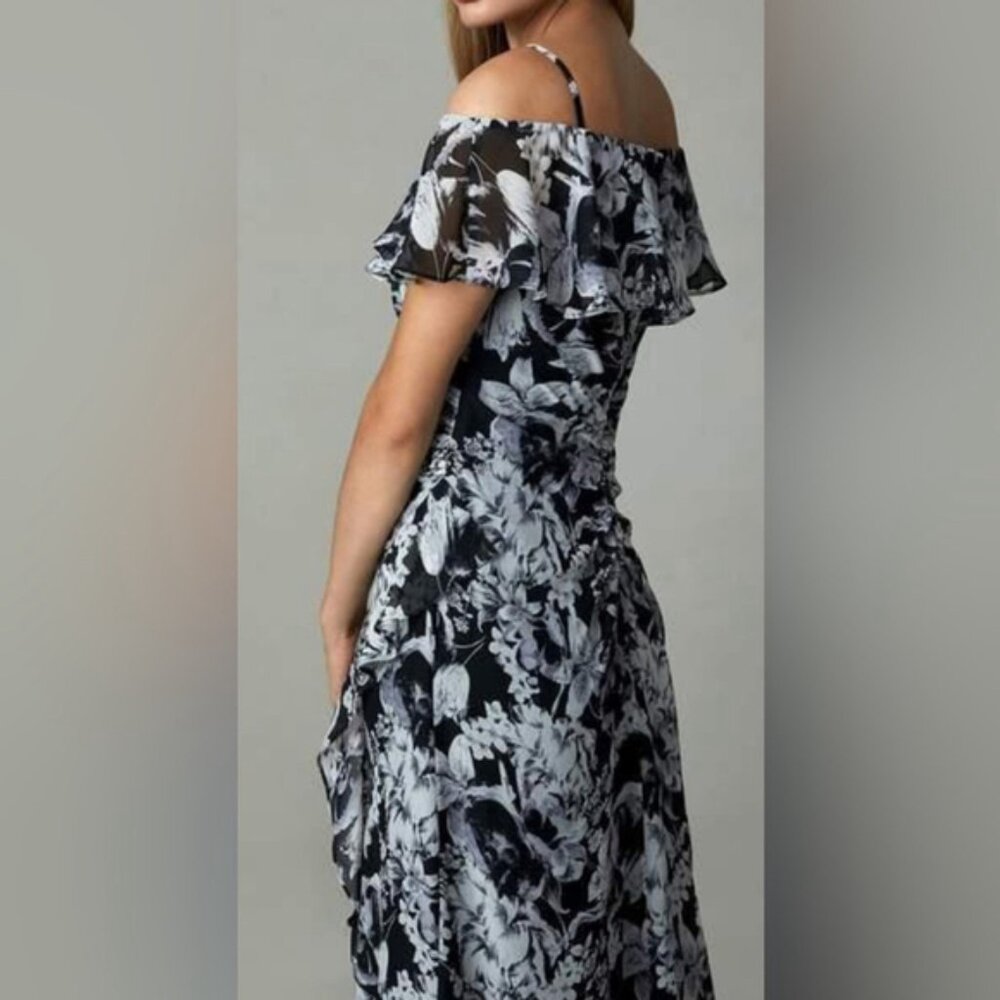 Cachet Long Formal Floral Print Ruffled Slit Dress flounce black ivory gown US6